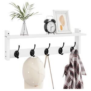 Wall Mount Coat Rack with Shelf 5 Hooks for Coats Backpacks Keys, White